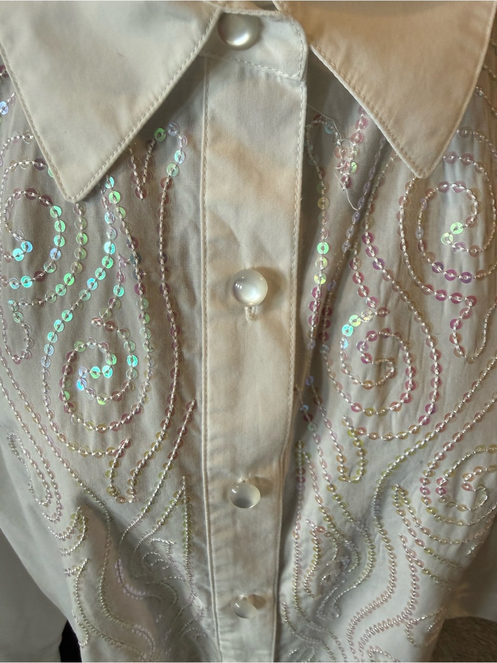 Bob Mackie Western Shirt White Sequin Beaded Embroidery Pearl Snap XL